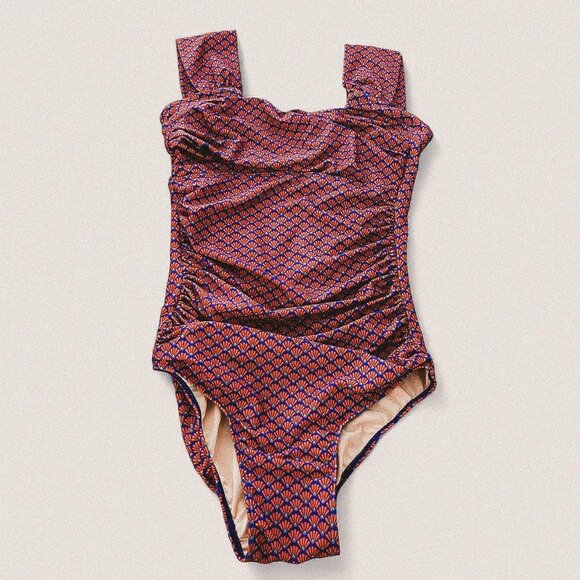 Albion square neck retro geometrical micro print ruched side modest cut swimsuit - Picture 1 of 6